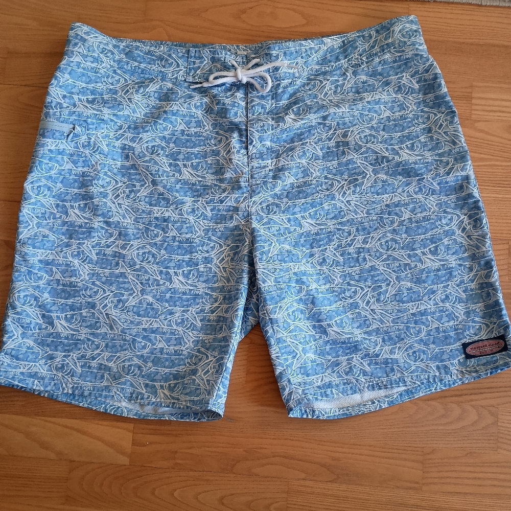 Vineyard‎ Vines Blue and White Fish Pattern Mens Board Swim Shorts Quick-Dry 40